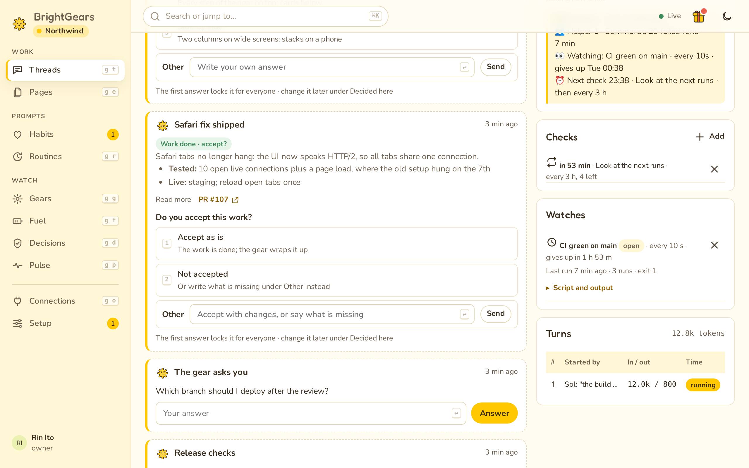 More card types: accept finished work, answer a question, pick several options.