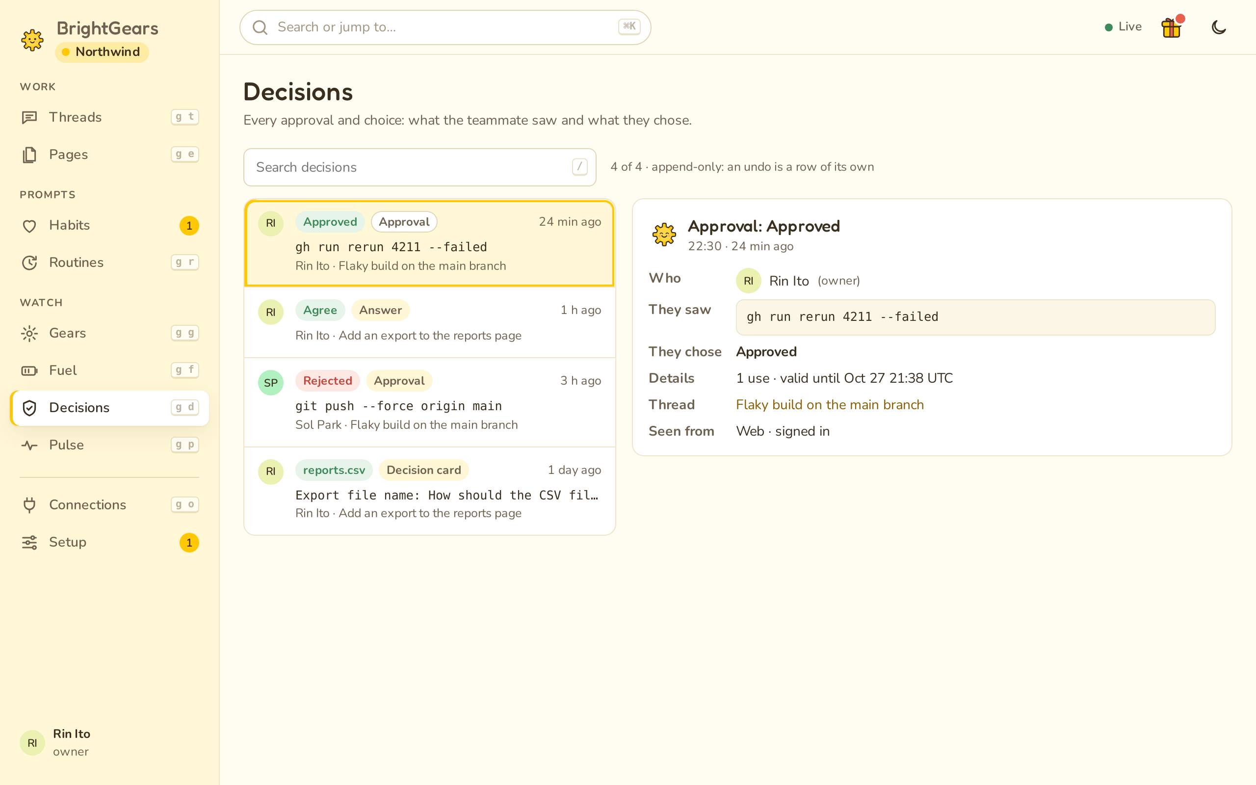 The decisions log: approvals and choices with who made them.